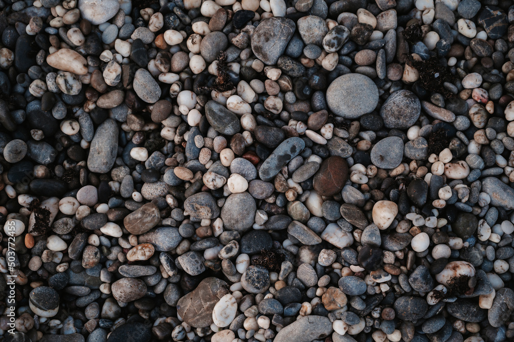 Smooth background with a texture of different sizes of pebbles. Pebble beach. Close-up. Smooth background with a texture of different sizes of pebbles. Pebble beach. Close-up.