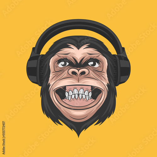 Vector Hand Drawn Smiling DJ Chimpanzee Ape with Headphones. Colored Abstract Funny Monkey Head for Wall Art, T-shirt Print, Poster. Cartoon Cute Chimp Monkey Icon, Logo, Illustration