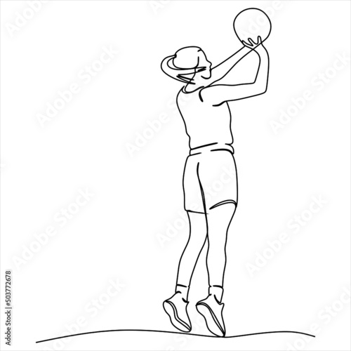Continuous one line drawing of basketball player dribbling and holding the ball. Athlete running simplicity minimalism design.