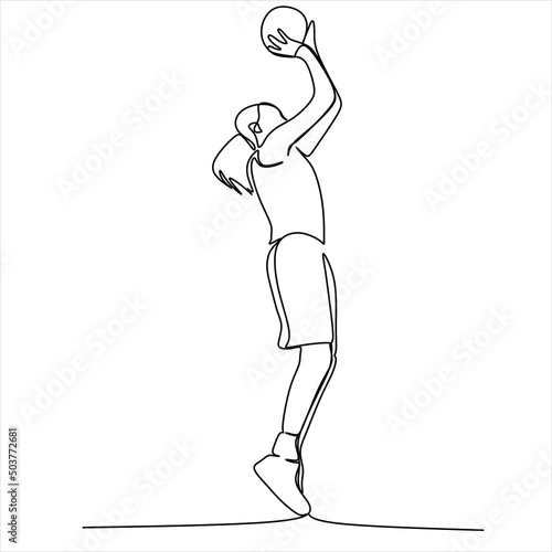 Continuous one line drawing of basketball player dribbling and holding the ball. Athlete running simplicity minimalism design.
