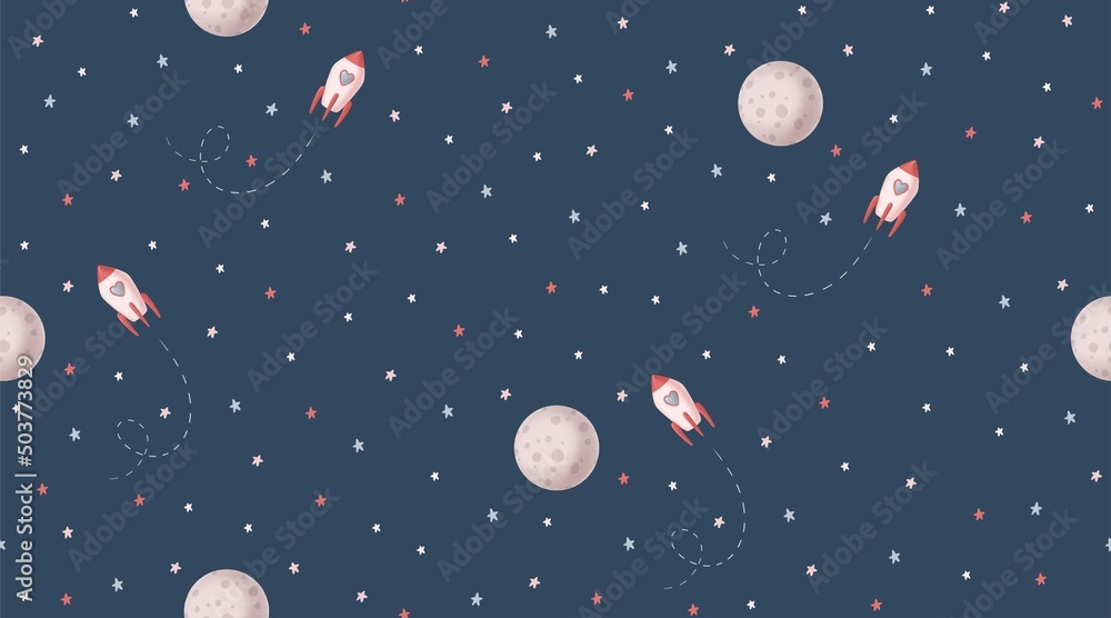 Pink rocket  stars and moon illustration. Pink space  seamless pattern. Cosmic background. 