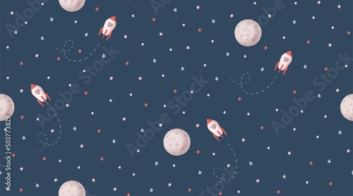 Pink rocket  stars and moon illustration. Pink space  seamless pattern. Cosmic background. 