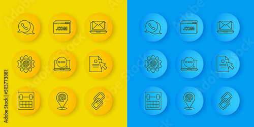 Set line Calendar, Mail and e-mail, Chat messages notification on laptop, Chain link, Document cursor, Telephone with speech bubble chat, Laptop envelope and Website template icon. Vector