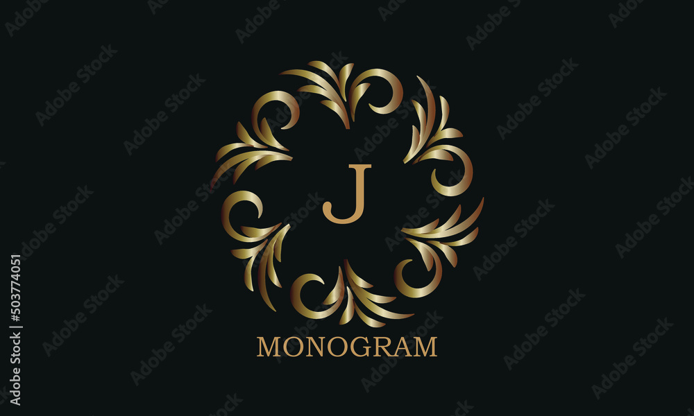 Golden monogram design template with letter J. Round logo, business identity sign for restaurant, boutique, cafe, hotel, heraldic, jewelry. Golden monogram design template with letter J. Round logo, business identity sign for restaurant, boutique, cafe, hotel, heraldic, jewelry.