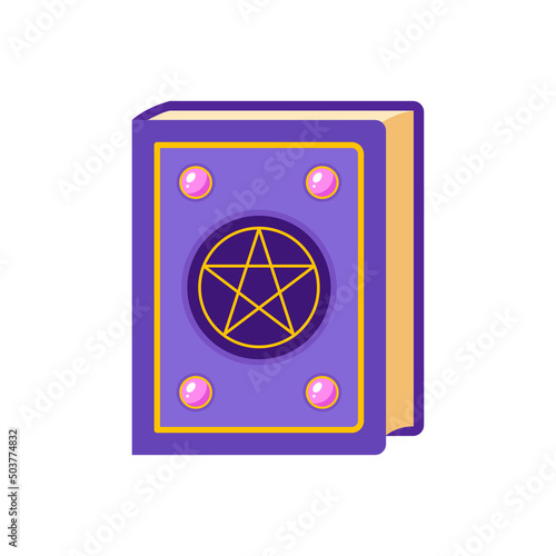 Spell book icon. Cartoon illustration of a magic book decorated with a mystery symbol and gems isolated on a white background. Vector 10 EPS.