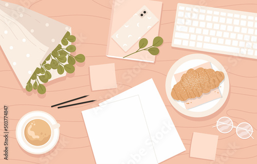 Top view of pink office table desk. Stylish and modern workplace with coffee cup, keyboard, bouquet, phone, croissant. Working from home, cafe. Flat cartoon vector illustration.