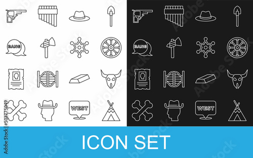 Set line Indian teepee or wigwam, Buffalo skull, Old wooden wheel, Western cowboy hat, Tomahawk axe, Bang boom, gun Comic, Revolver and Hexagram sheriff icon. Vector