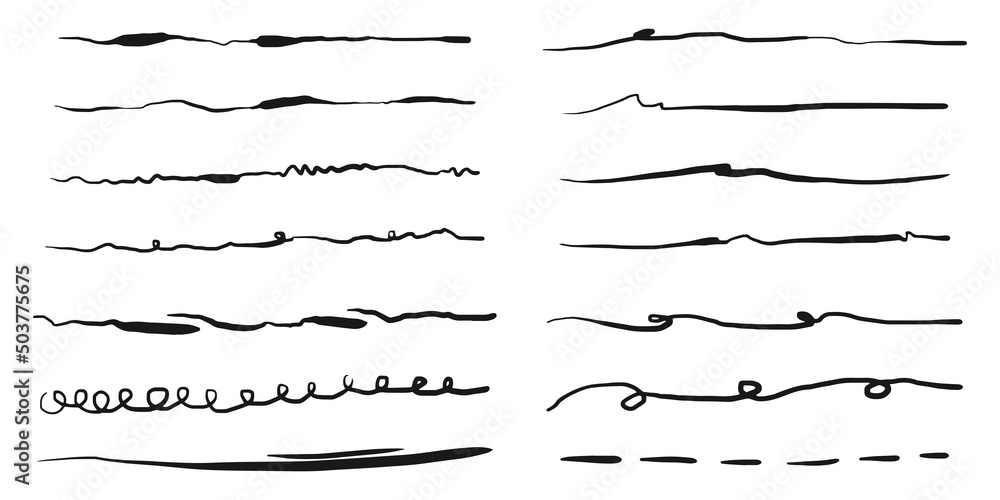 Hand drawn set of underline, curly swishes, swashes, swoops. swirl. Highlight text elements. vector illustration