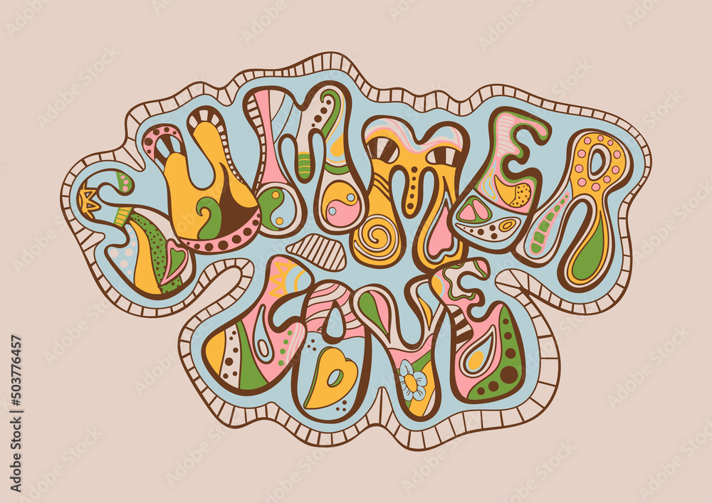 Stylish retro poster. Hippie style illustration. Bright print for t-shirts. Template for stickers, covers, postcards. Background with flowers, sun, rainbow, abstract shapes, lettering. Summer love.
