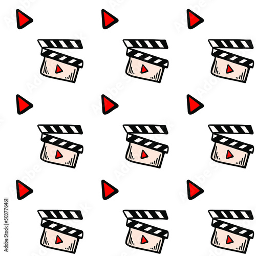 Film clapper with play buttons  pattern sketch style vector. Movie production hand drawn symbol isolated on white