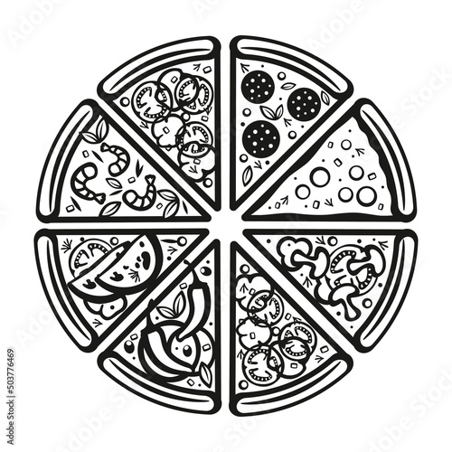 Top view of a pizza with various ingredients.
