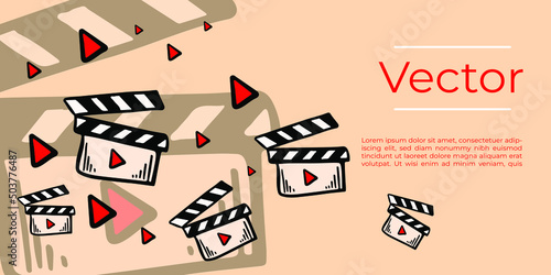 Film clapper with play buttons sketch vector illustration. Media production hand drawn background. Cartoon media banner