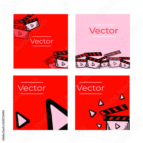 Film clapper with play buttons  sketch vector set of illustrations. Media production hand drawn social media square background