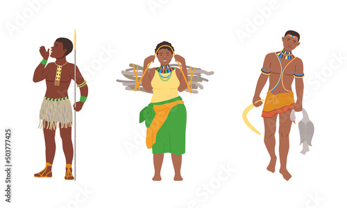Barefoot African Aboriginal Man and Woman Character Dressed in Traditional Tribal Clothing with Spear and Carrying Brushwood Vector Illustration Set