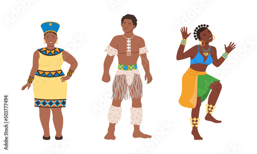 Barefoot African Aboriginal Man and Woman Character Dressed in Traditional Tribal Clothing Vector Illustration Set