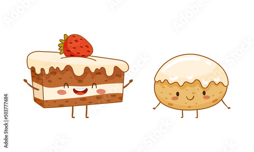 Cute Baked Pastry and Kawaii Bun with Legs and Arms Standing and Smiling Vector Set