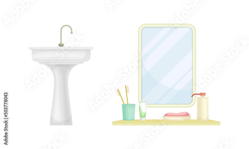 White Bathroom Sink Basin with Tap and Mirror with Shelf Isolated on White Background Vector Illustration Set