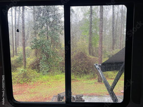 view from the window of the caravan on a rainy day.