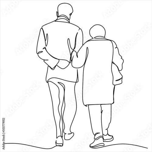 Elderly couple in continuous line art drawing style. Senior man and woman walking together holding hands. Minimalist black linear sketch isolated on white background. Vector illustration
