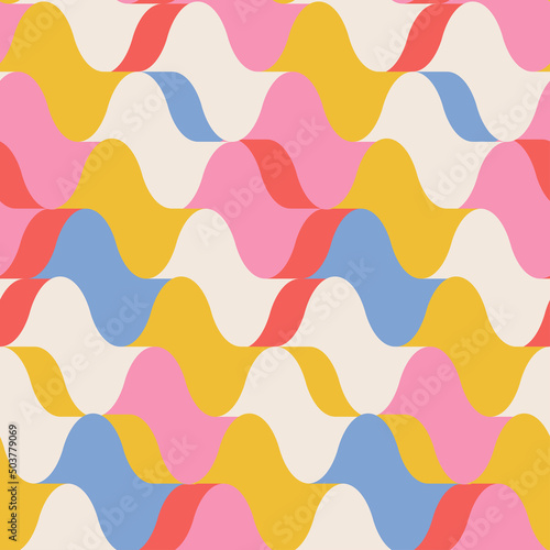 50s - 60s Mid Century Seamless Pattern. Wavy geometric groovy background. Flat vector illustration.