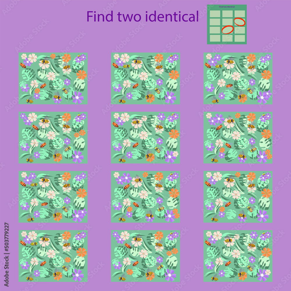 find two identical pictures with rebus bees for children under 10 years old