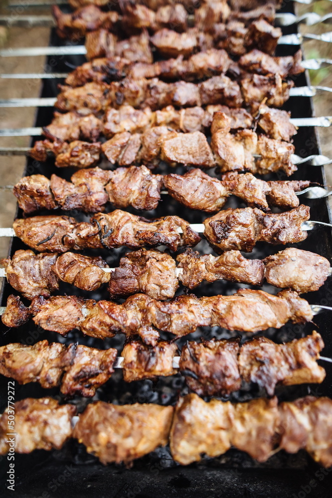 Close up of appetizing barbecue prepared on the grill. Barbecue skewers with juicy meat.