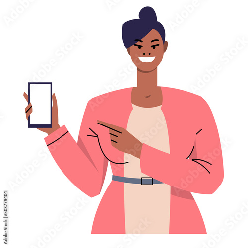 Dark-skinned elegant woman showing cellphone screen. Smiling business woman pointing finger at phone. Vector illustration isolated on white background. Flat style.