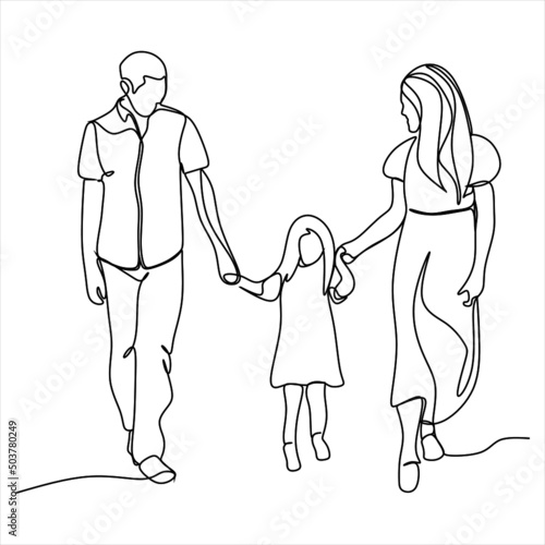 continuous single drawn one line family mum dad and two daughters and son big family hand-drawn picture silhouette. Line art. doodle
