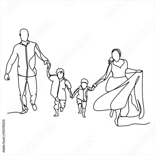 continuous single drawn one line family mum dad and two daughters and son big family hand-drawn picture silhouette. Line art. doodle
