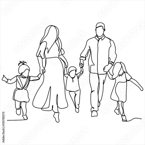 continuous single drawn one line family mum dad and two daughters and son big family hand-drawn picture silhouette. Line art. doodle

