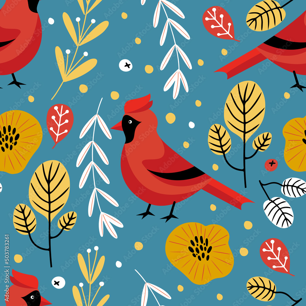 Hand drawn vector seamless pattern with cadrinal birds