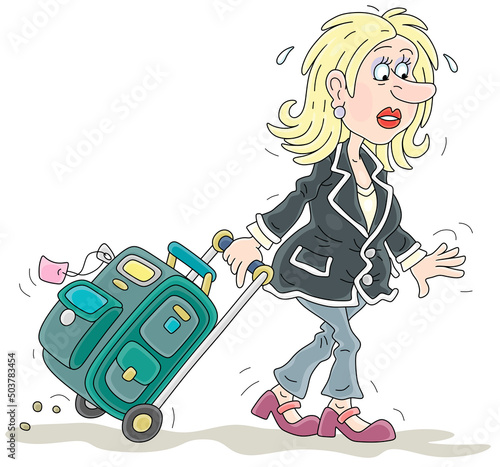 Tired girl tourist hurrying for a flight with her roll-aboard suitcase, vector cartoon illustration isolated on a white background