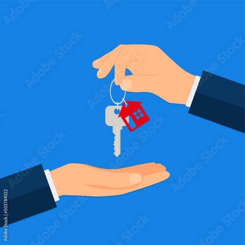 Buying a new home. Real estate agent gives a home keychain to a buyer. Vector illustration.