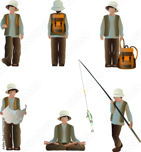 A set of a boy traveler posing in different situations. Tourist with a map, tourist on a fishing trip, meditating, walking, standing, rear view. Vector illustration in a flat style