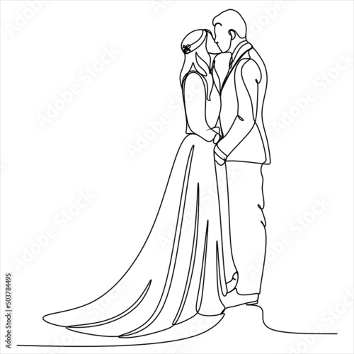 one continuous drawn line wedding drawn from the hand picture silhouette. line art. The characters of the bride and groom of the husband and wife are married