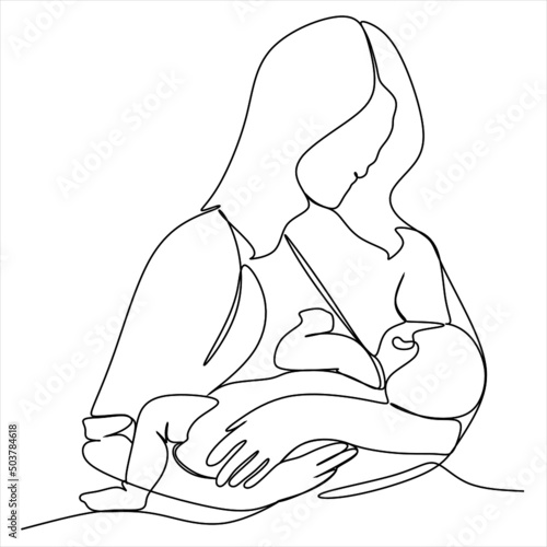 Abstract mother with a child in continuous one line drawing art style. Mother`s Day card. Woman hugging her baby. Happy motherhood concept. Modern vector illustration