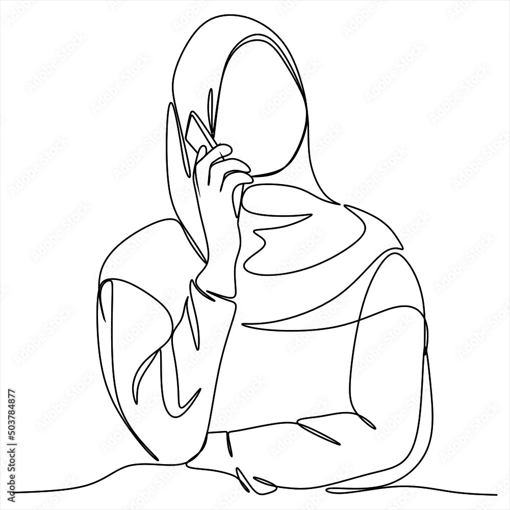 continuous single drawn one line Muslim girl student talks by phone drawn by hand picture silhouette. Line art
continuous single drawn one line Muslim girl student talks by phone drawn by hand picture silhouette. Line art