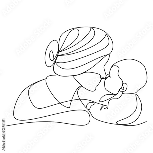 Abstract mother with a child in continuous one line drawing art style. Mother`s Day card. Woman hugging her baby. Happy motherhood concept. Modern vector illustration