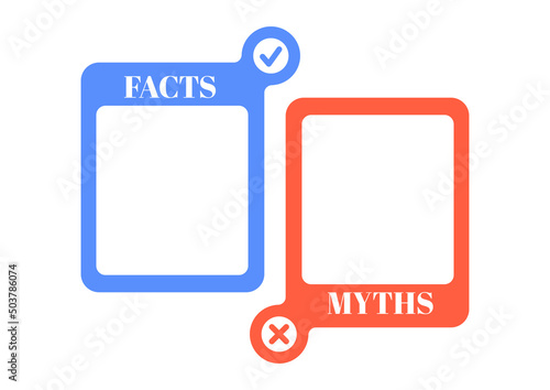 Myths and facts check list vector set. True or fiction infographic badge blank with check mark and cross in circle isolated on white background. Flat design fake and good news template illustration.
