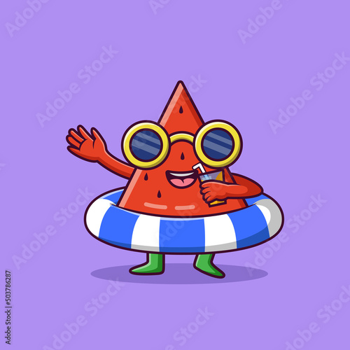 Watermelon cartoon character with legs and hands using glasses and inflantable ring, Cartoon watermelon in summer holiday, vector cartoon illustration