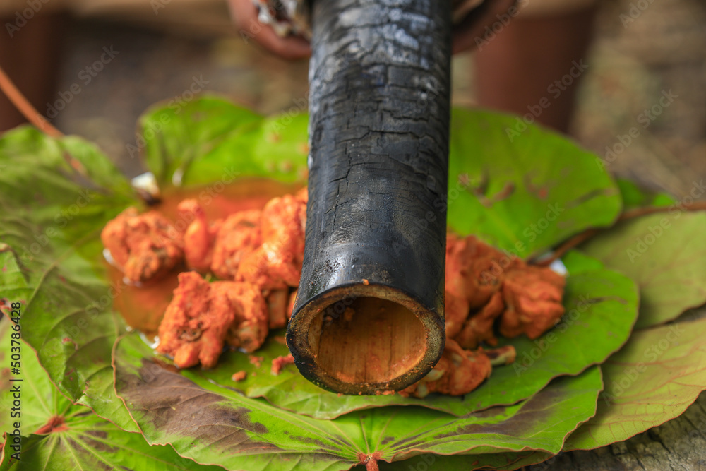 Bamboo chicken, chicken cooked in bamboo,rice cooked in bamboo,bongu