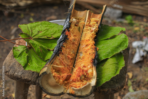 Bamboo chicken, chicken cooked in bamboo,rice cooked in bamboo,bongu chicken,bamboo biryani  photo