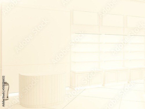 3d rendered black and white image of showroom s fasada . rendered edges of furniture.