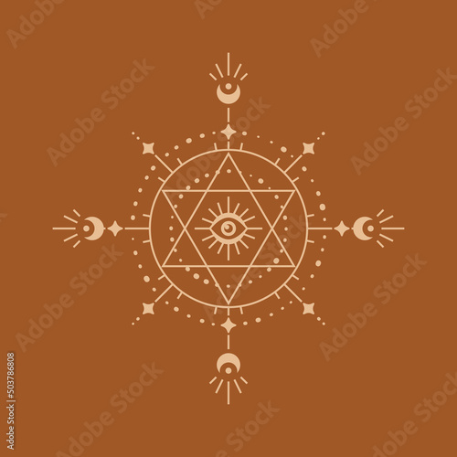 Spiritual boho logo. Sacred mystical symbol with stars, eye, moons. Isolated vector illustration. Design element for magic, esoteric, celestial, astrology, astronomy, etc.