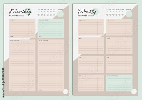 Monthly and Weekly Financial Planner to track income and Expenses. Vector set Template in A4 format.