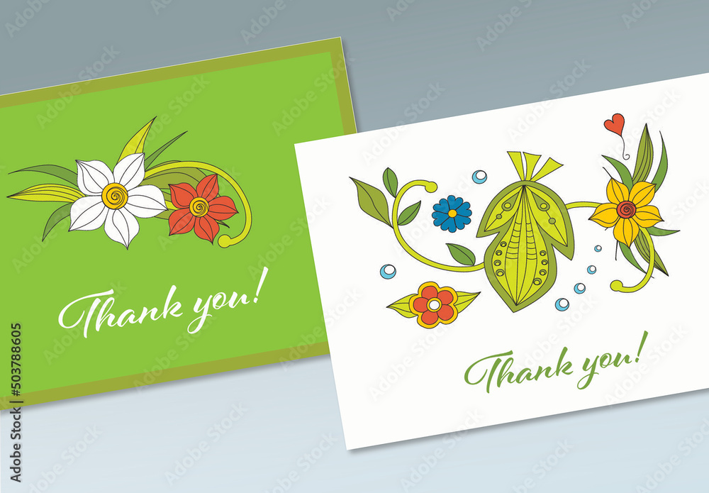 Thank You Card Template with Hand Drawn Flowers Stock Template | Adobe ...