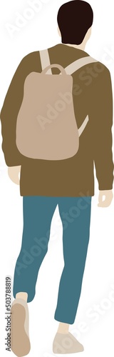 A man with black hair with a backpack walks in full growth
