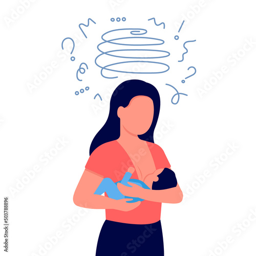 Woman with newborn baby child in her arms in postpartum depression. Unhappy female in doubt, trouble, anxious, asks questions. Breastfeeding problems, maternity assistance, family support. Vector