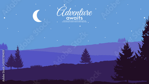 Night vector landscape. Flat 2d style vector design illustration. Hills with silhouette trees and grass. Night sky with moon and stars. Design for wallpaper, background, banner, touristic card.