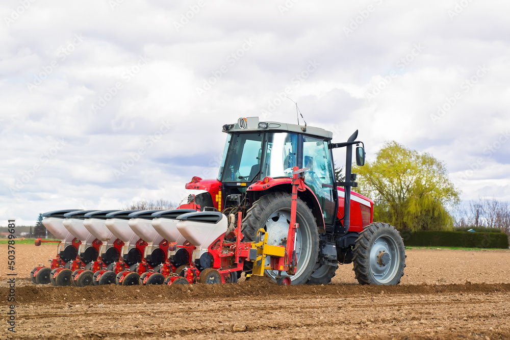 Fototapeta premium farmer on modern tractor with seed bins sowing the plowed field with farm equipment